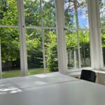 Das Bild zeigt den Garten und den Wintergarten des Bonhoeffer-Hauses mit Blick auf grüne Pflanzen, Sitzgelegenheiten und viel Tageslicht. The picture shows the garden and conservatory of the Bonhoeffer House with green plants, seating areas, and abundant natural light.